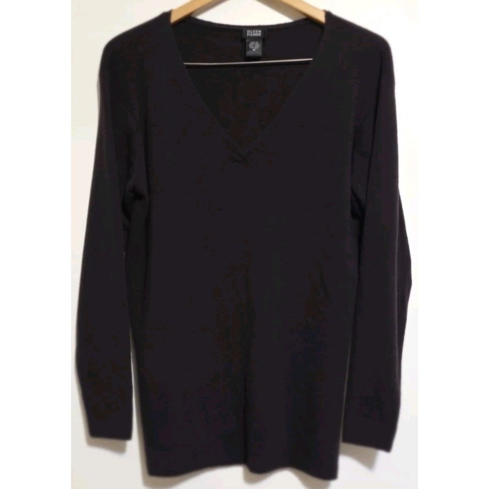 NEW Eileen Fisher V-Neck Sweater M 100% Wool Pullover Brown Top Long Sleeve‎